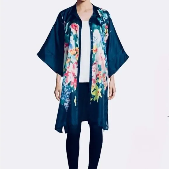 SOLD Johnny Was Malani 100% Silk Floral Print Long Kimono Tunic Navy Blue Size M - Picture 5 of 16